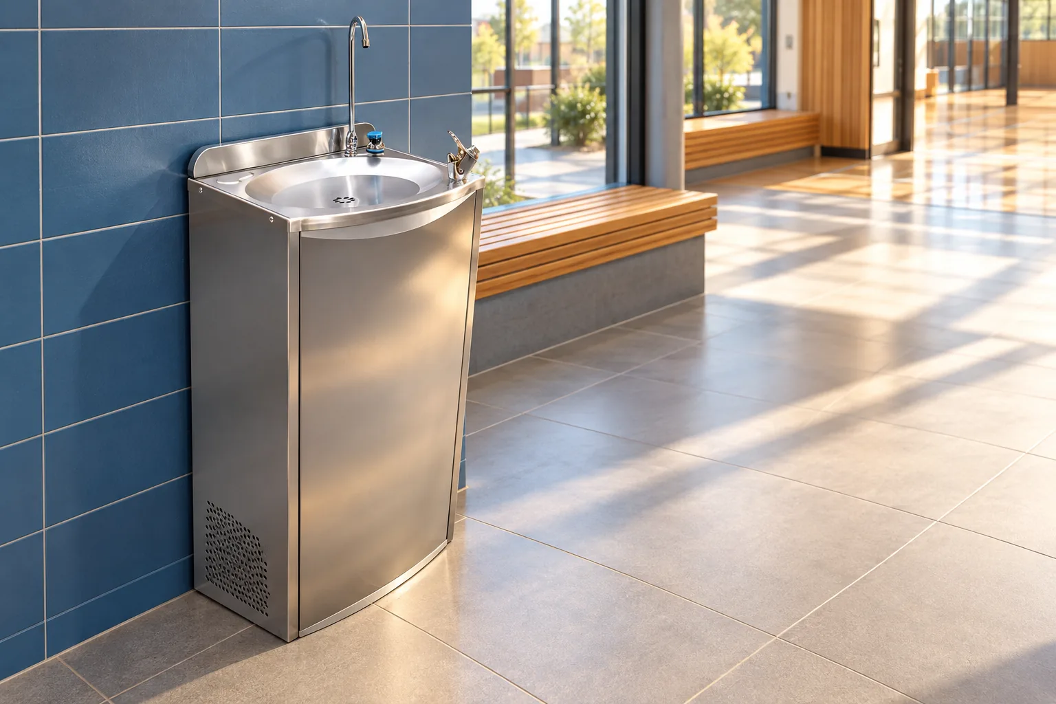 Stainless-steel drinking fountain in a shared space
